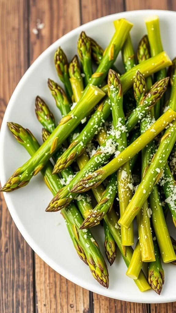 Crispy Air Fryer Asparagus Recipe Crispy air fryer asparagus with Parmesan cheese on a white plate, served on a wooden table.